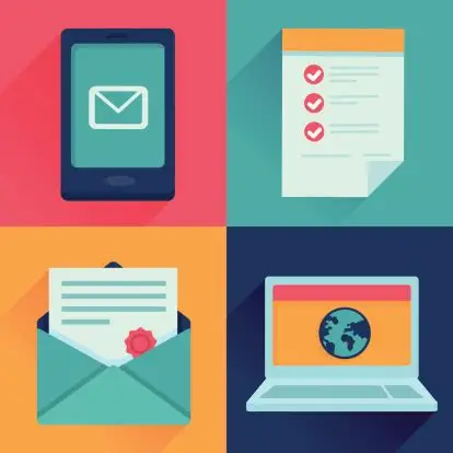 Ícones de tecnologia e comunicação em Flat Design com sombras longas e cores sólidas
